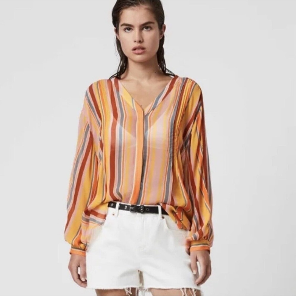 All Saints Size 8 Multicolored Striped Adra Button Down Sheer Shirt